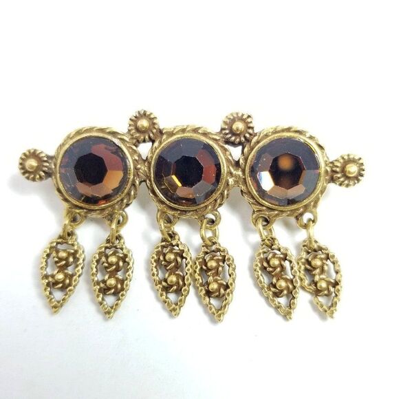 Vintage Brown Rhinestone Brooch Dangle Drop Shape Charms Gold Tone Lapel Pin - Picture 1 of 6
